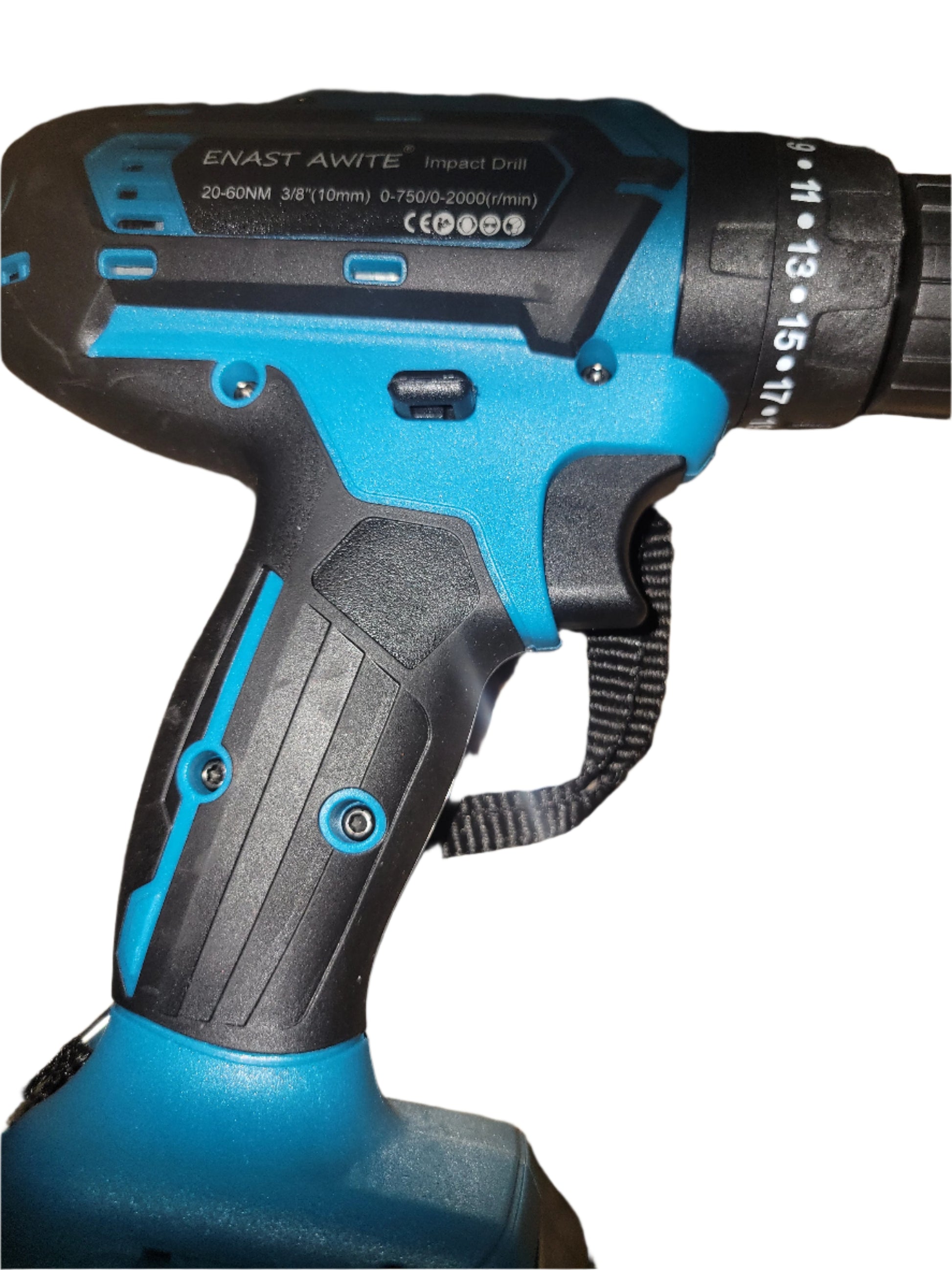 Blue and black cordless drill on a granite countertop