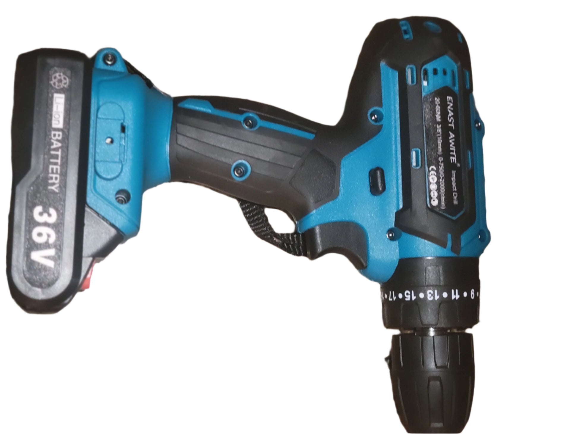 Blue and black cordless drill on a granite countertop