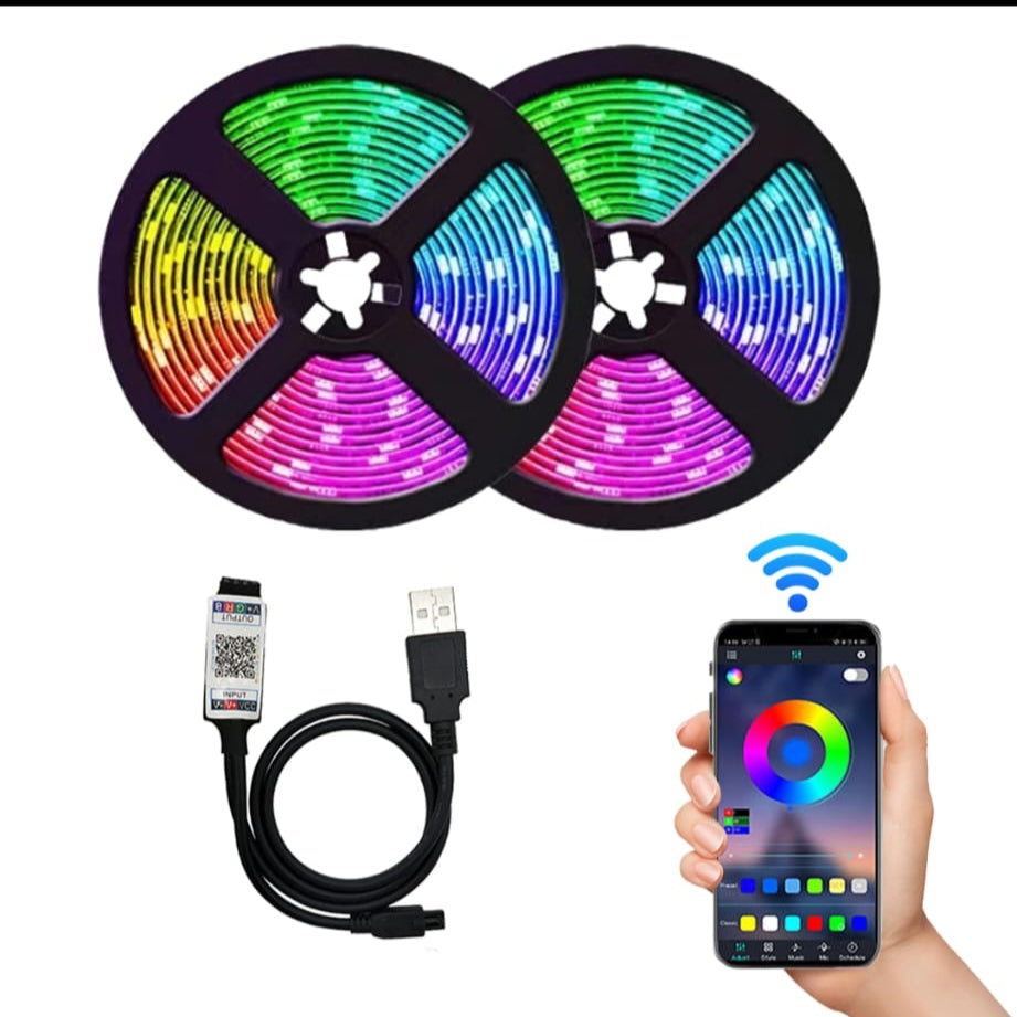 RGB LED strip lights with control cable, remote, and smartphone app on a black background.
