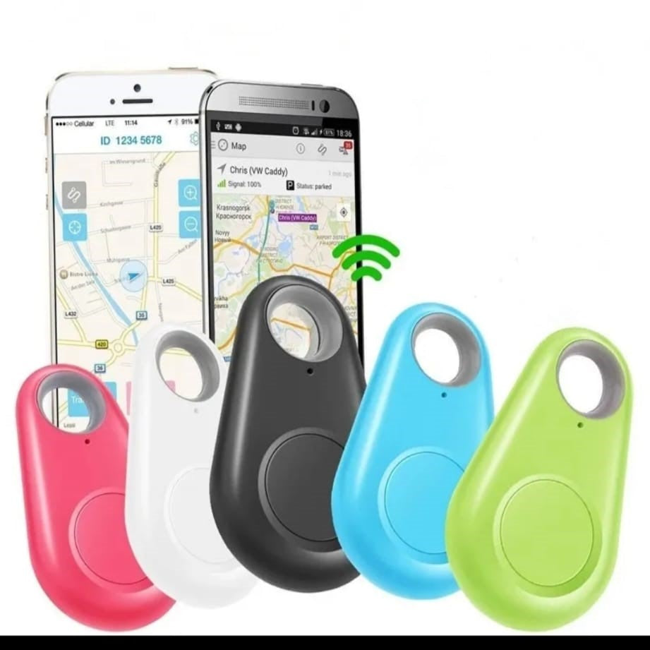 A collection of GPS trackers in various colors (red, black, blue, green) shown alongside a smartphone displaying a GPS map application.