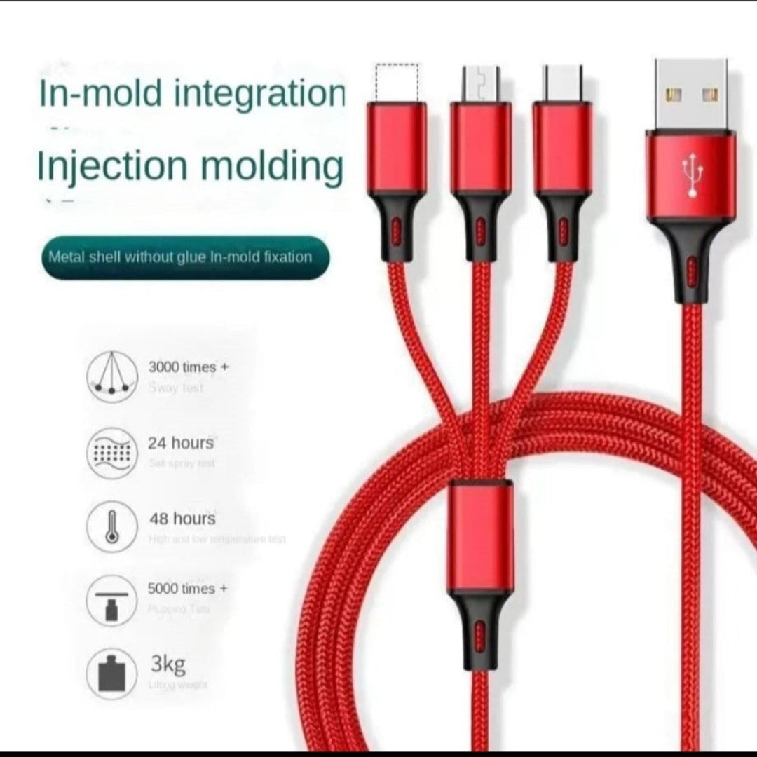 Red phone charger cable with multiple connectors on a white background