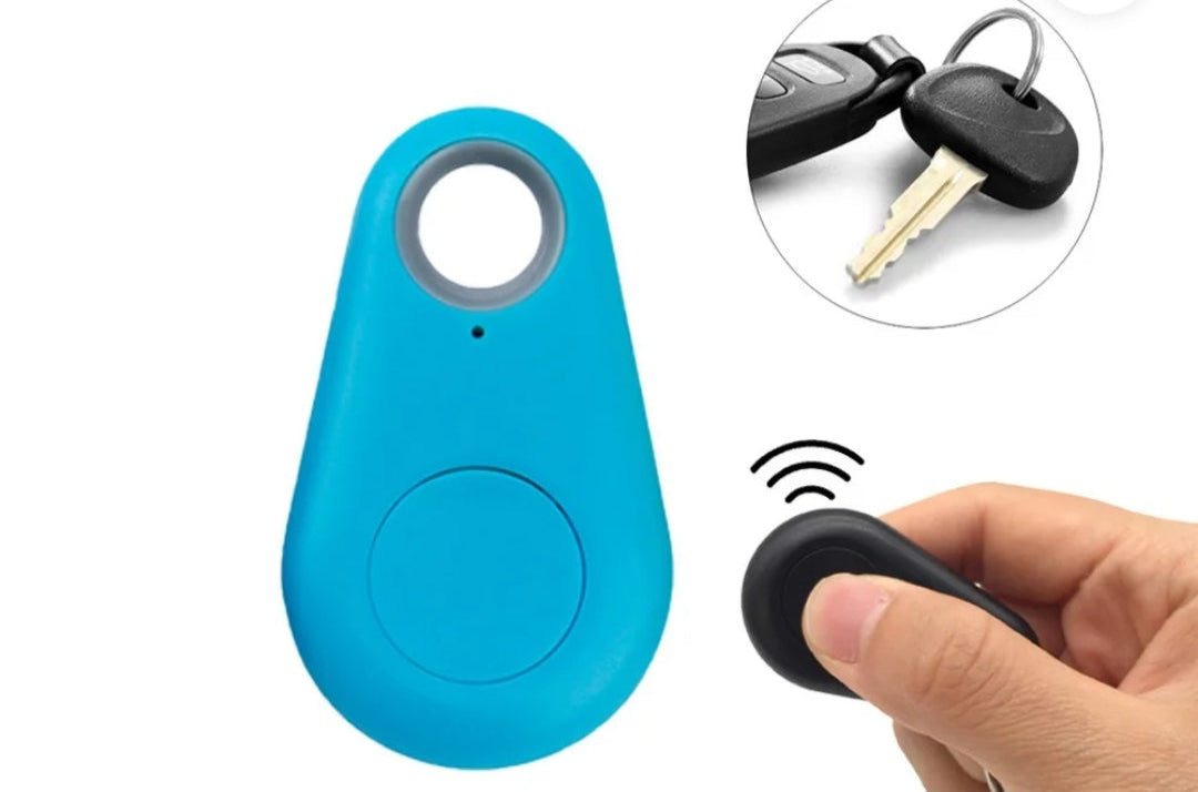 Blue wireless key finder with a hand holding it, displayed on a smartphone screen.