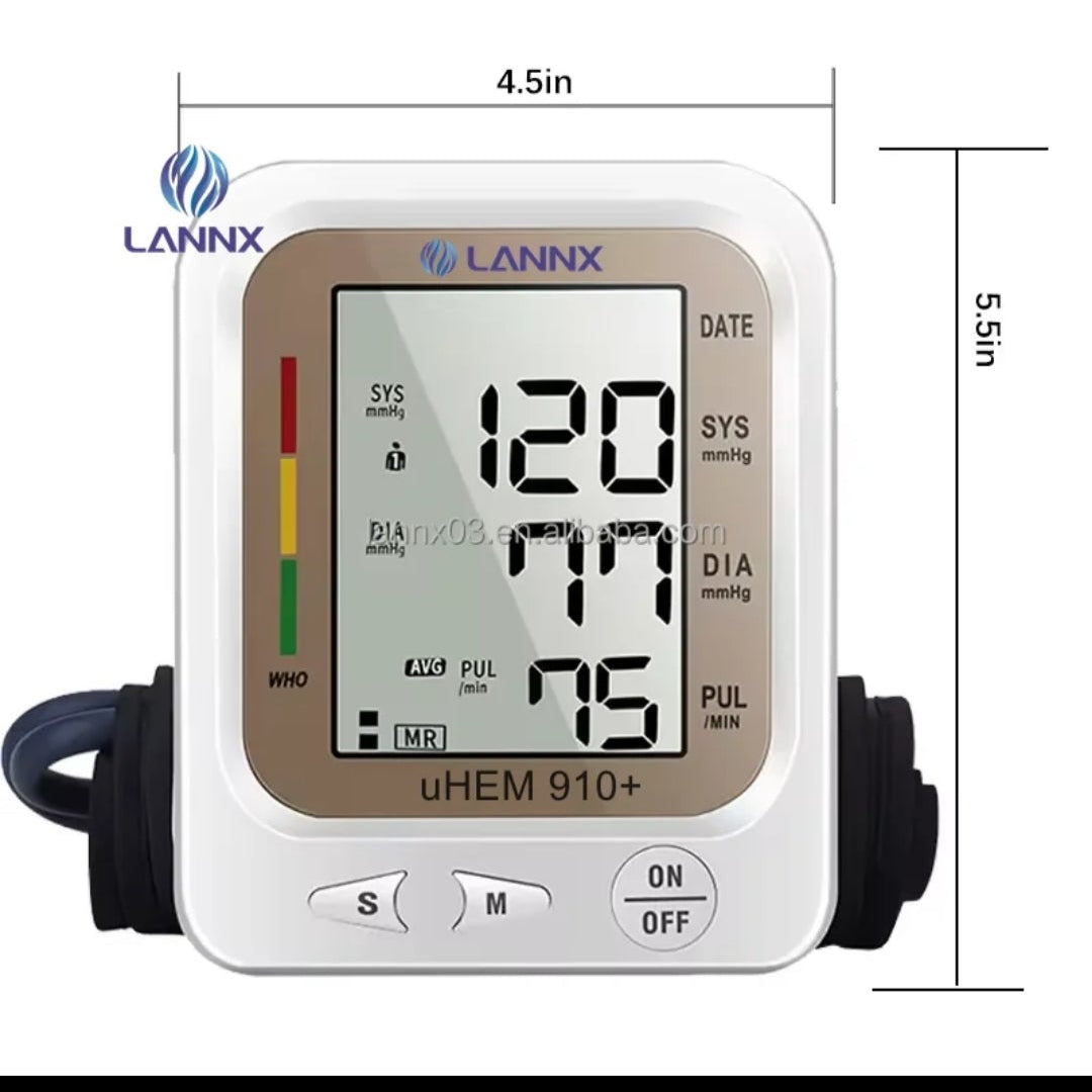 Lannix blood pressure monitor with digital display on a black background