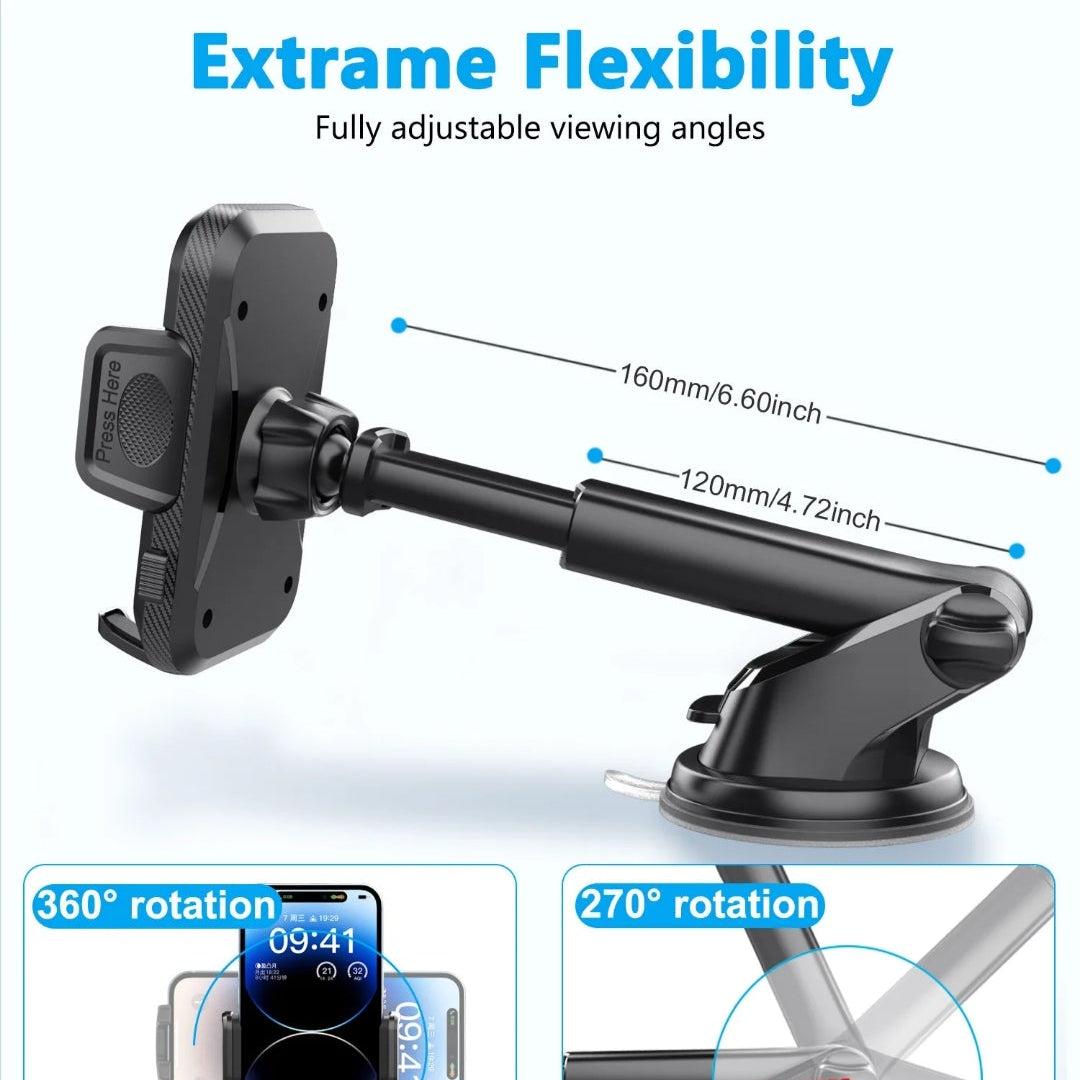 Phone mount with adjustable arm and stand on a black background