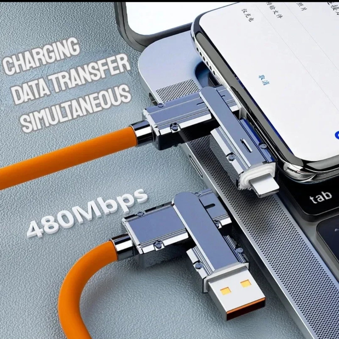Close-up of a USB-C cable with charging and data transfer capabilities on a gray background.