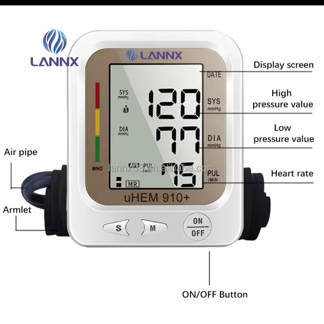 Lannix blood pressure monitor with digital display on a white background