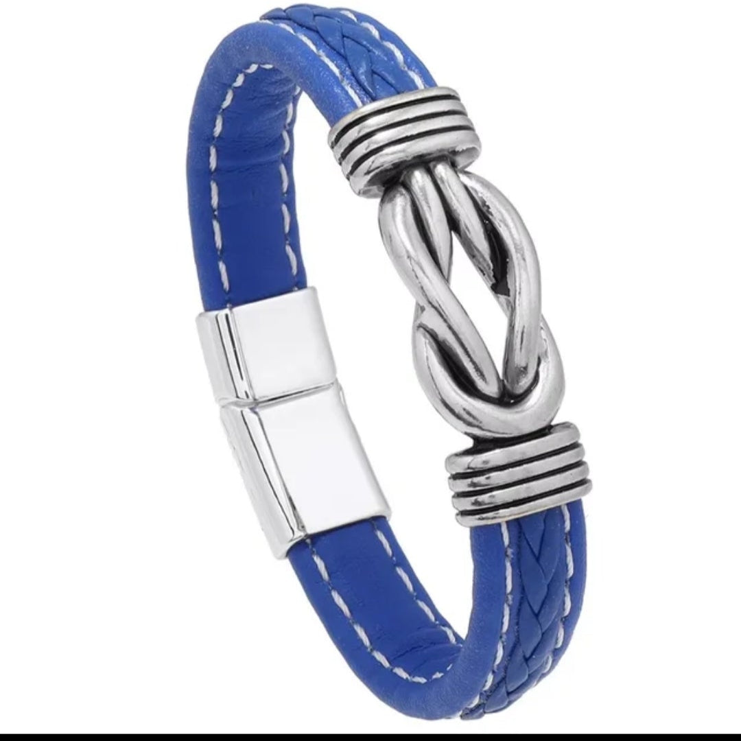 Blue leather bracelet with silver clasp on a white background
