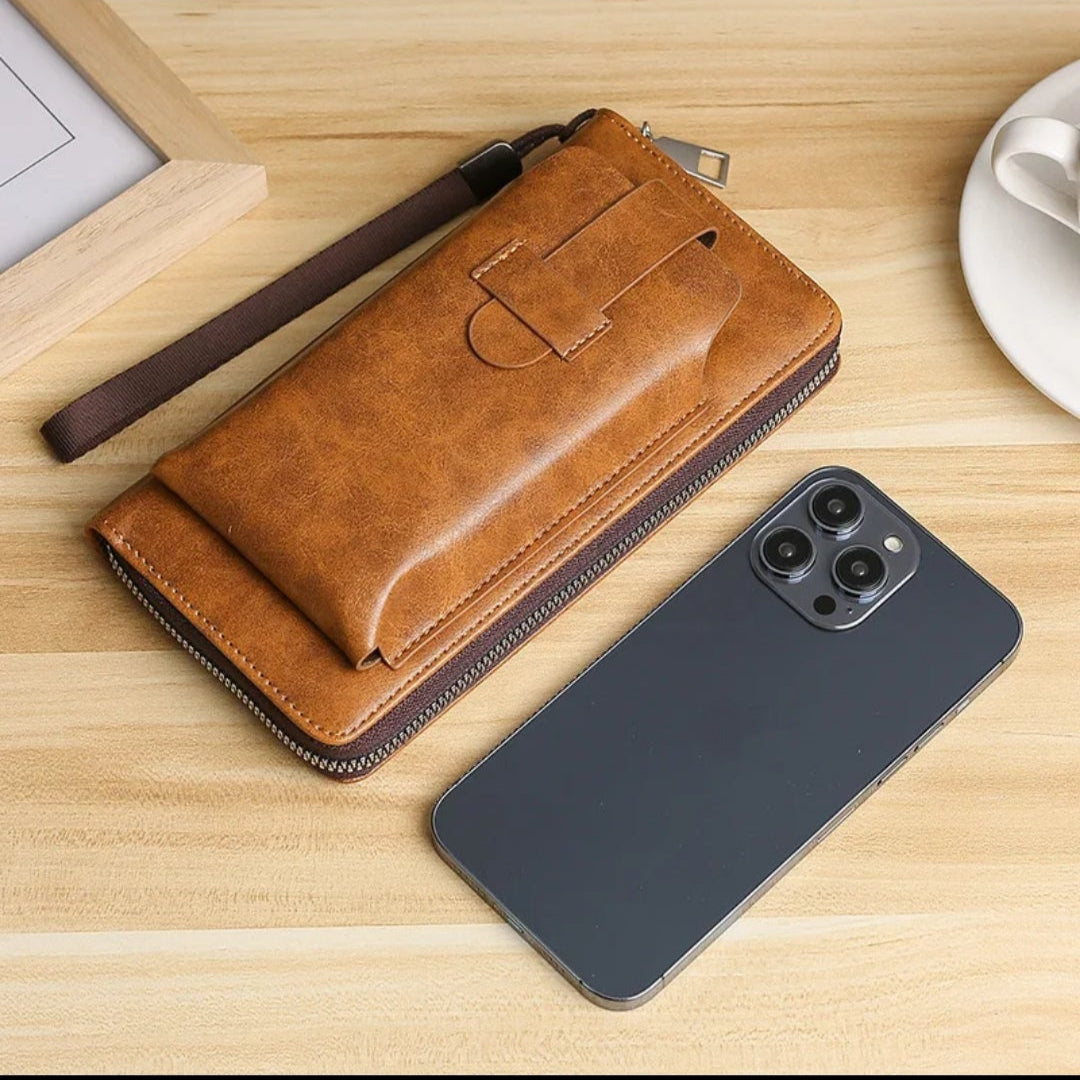 Brown leather wallet and black phone on a wooden surface with a smartphone interface overlay.