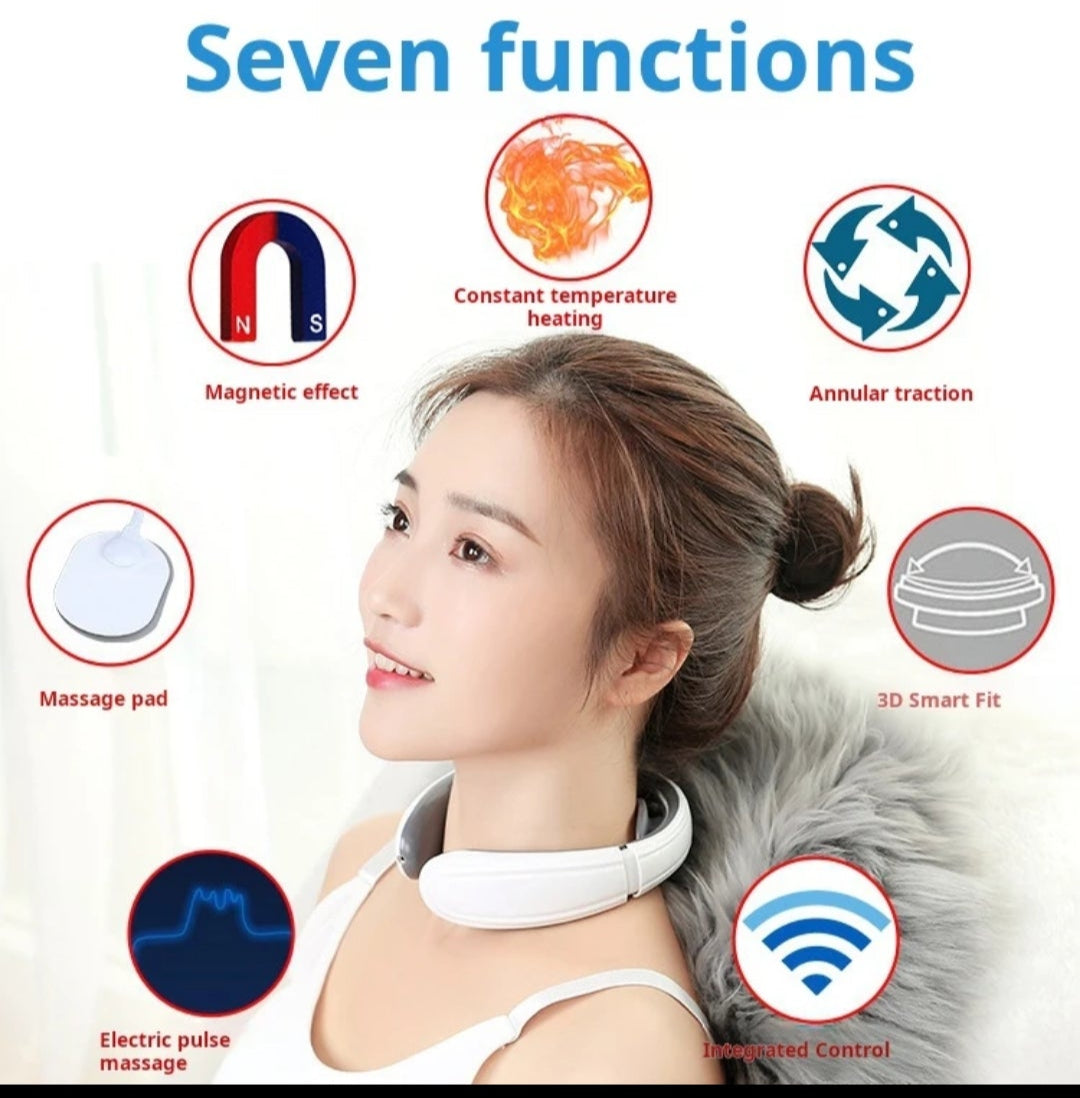 Product advertisement with a woman wearing an electronic device, showcasing seven functions on a smartphone screen.