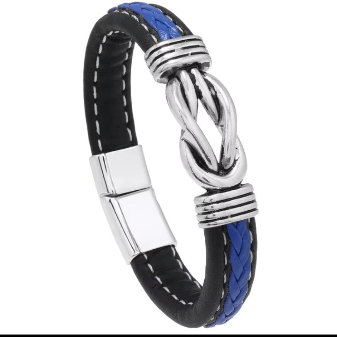 Black and blue braided leather bracelet with silver clasp on a white background