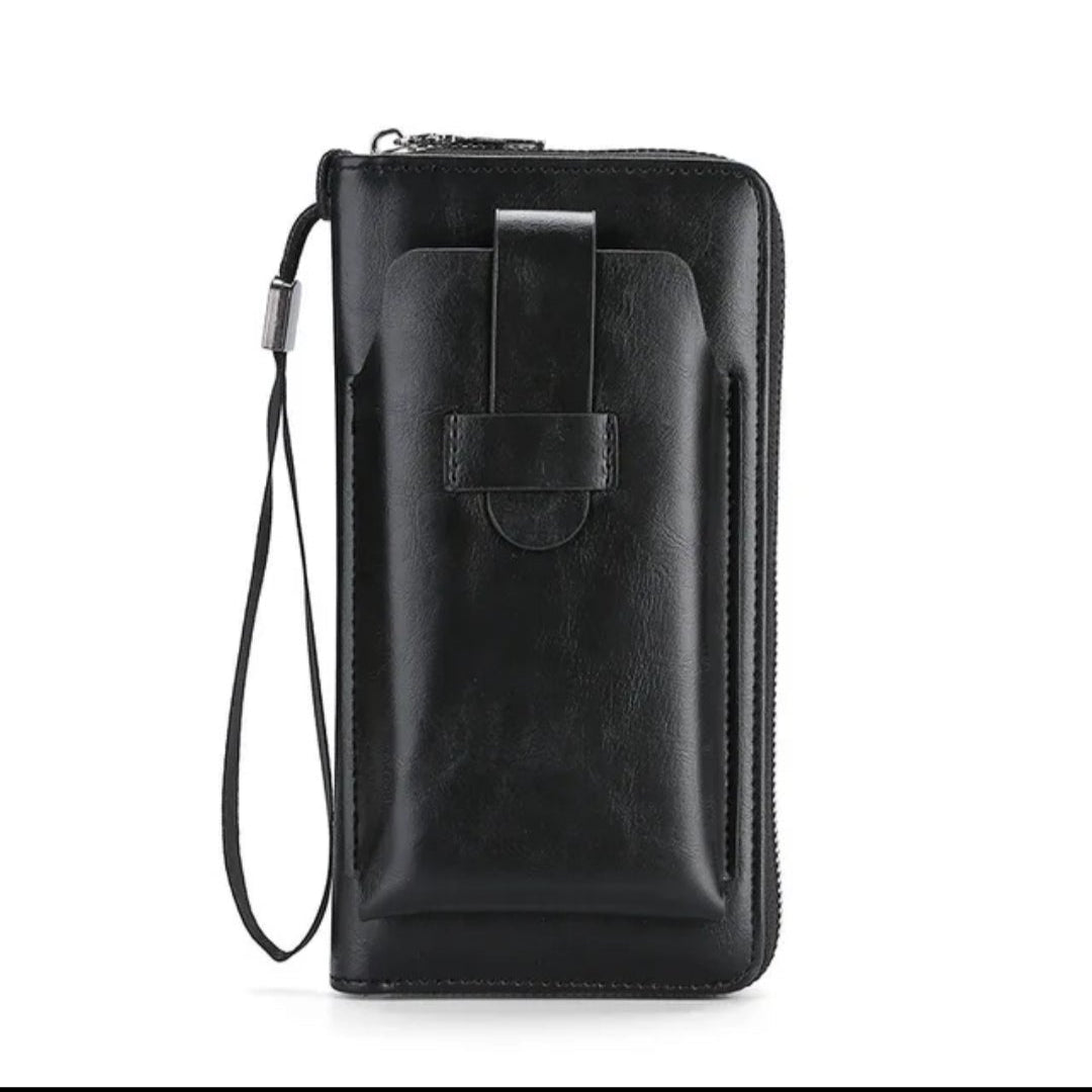 Black leather wallet with a strap on a white background