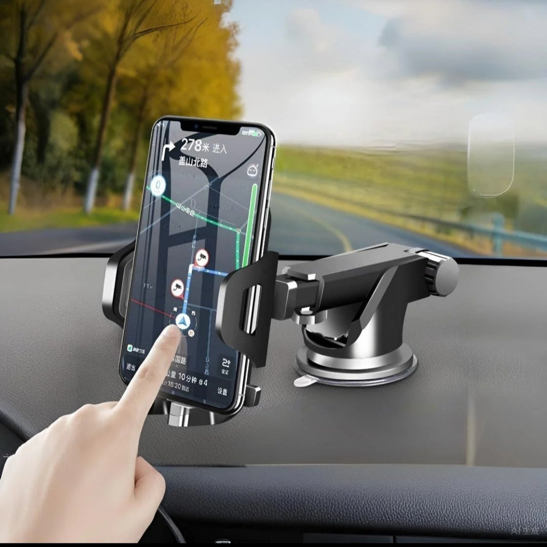 Smartphone mounted on a car dashboard with a hand interacting with the screen, displayed on a smartphone interface.