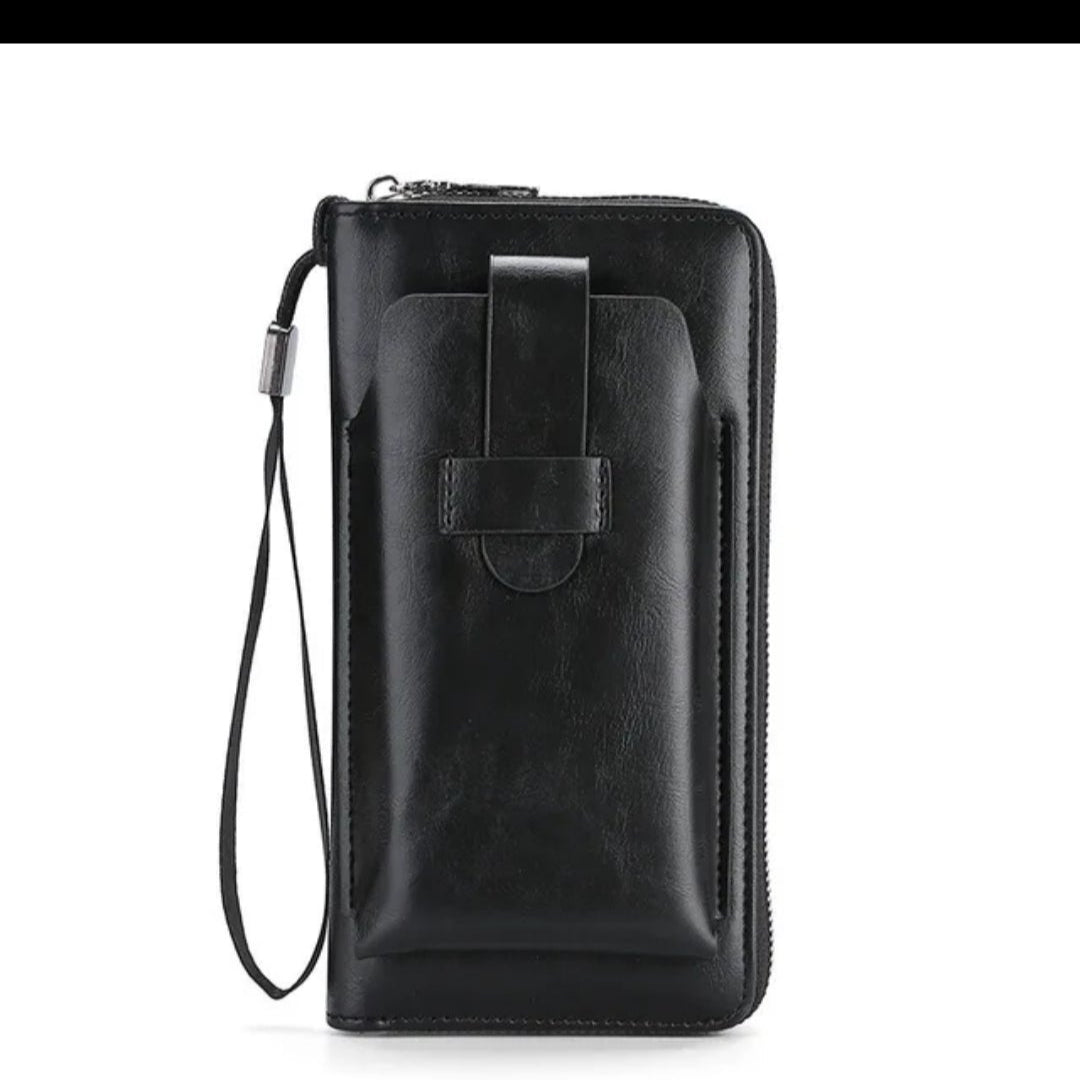 Black leather wallet with a strap on a white background