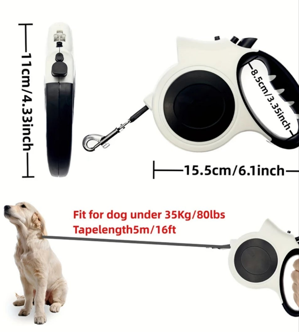 RETRACTABLE PETS AND  DOG LEASH WITH FLASH LIGHT. (black&white )