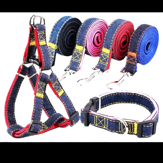 A collection of dog harnesses and collars in various colors, including red, blue, and pink, featuring a denim-like texture with striped details.