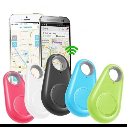 A collection of GPS trackers in various colors (red, black, blue, green) shown alongside a smartphone displaying a GPS map application.