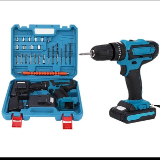 Blue and black cordless drill with accessories on a white background