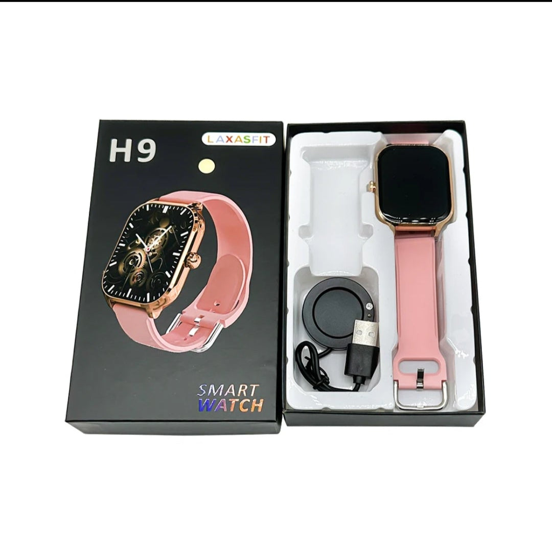 Smartwatch in packaging with 'H9' branding on a smartphone screen.
