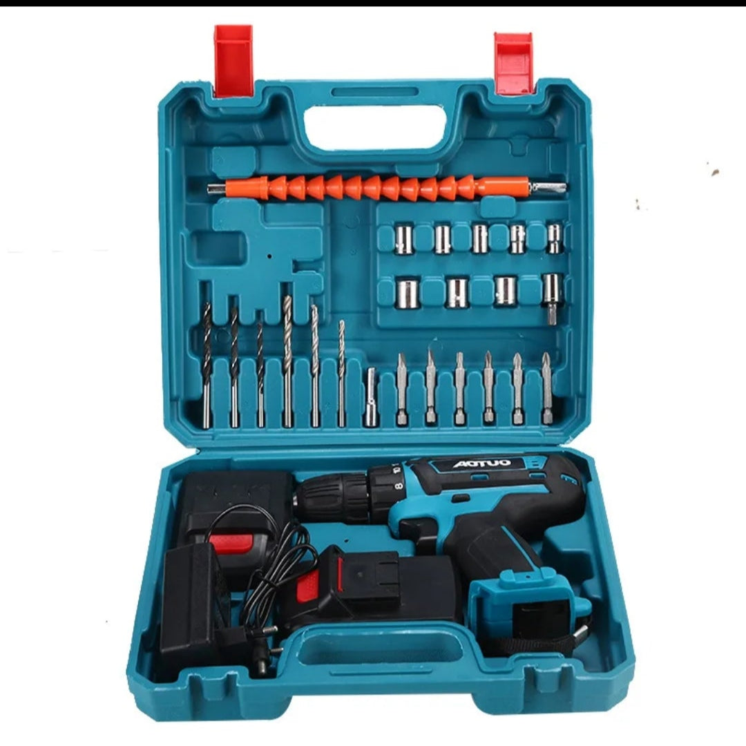 Drill set with tools in a blue case on a smartphone screen