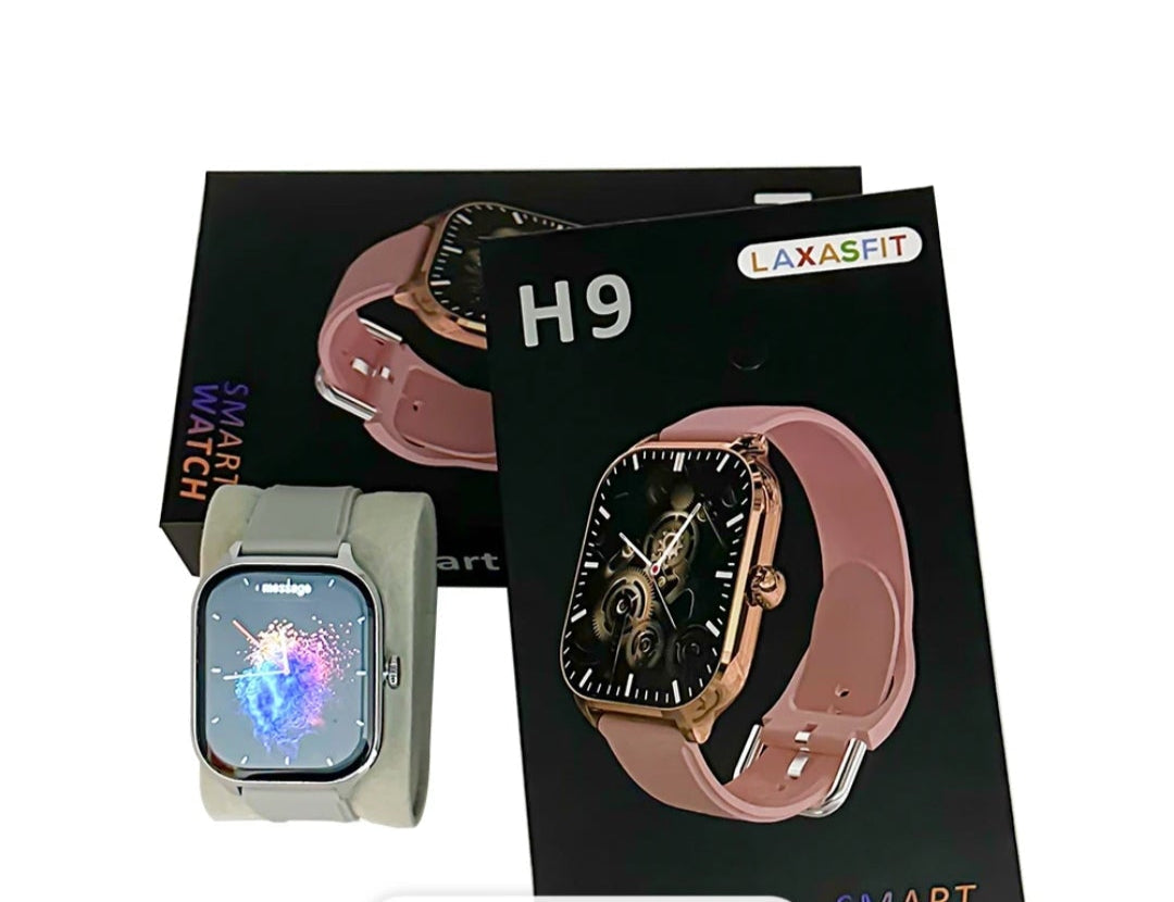 Smartwatch with packaging on a screen, showing 'H9' model.