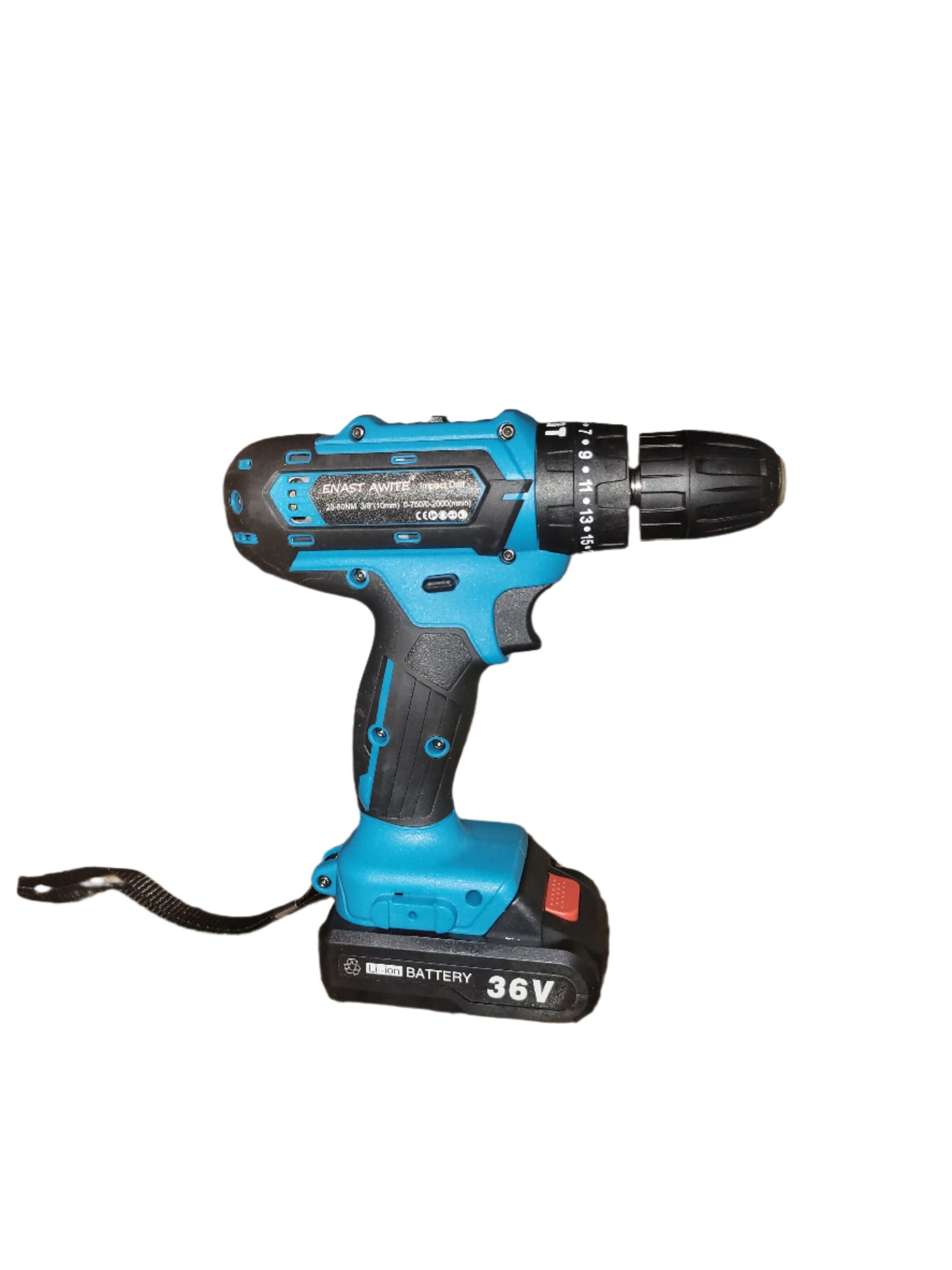 Blue cordless drill on a granite countertop