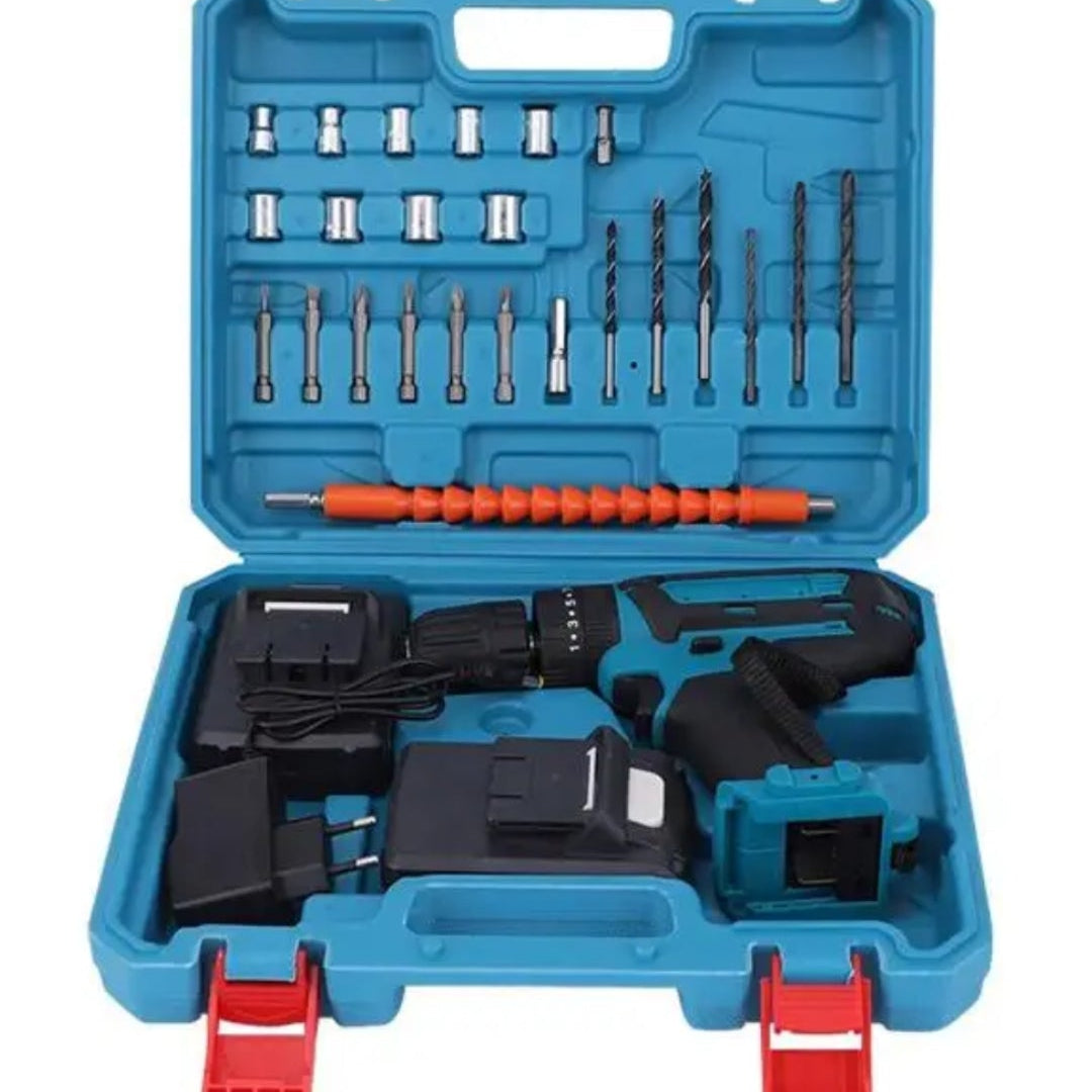 Tool kit with various drill bits and a driver in a blue case on a black background.