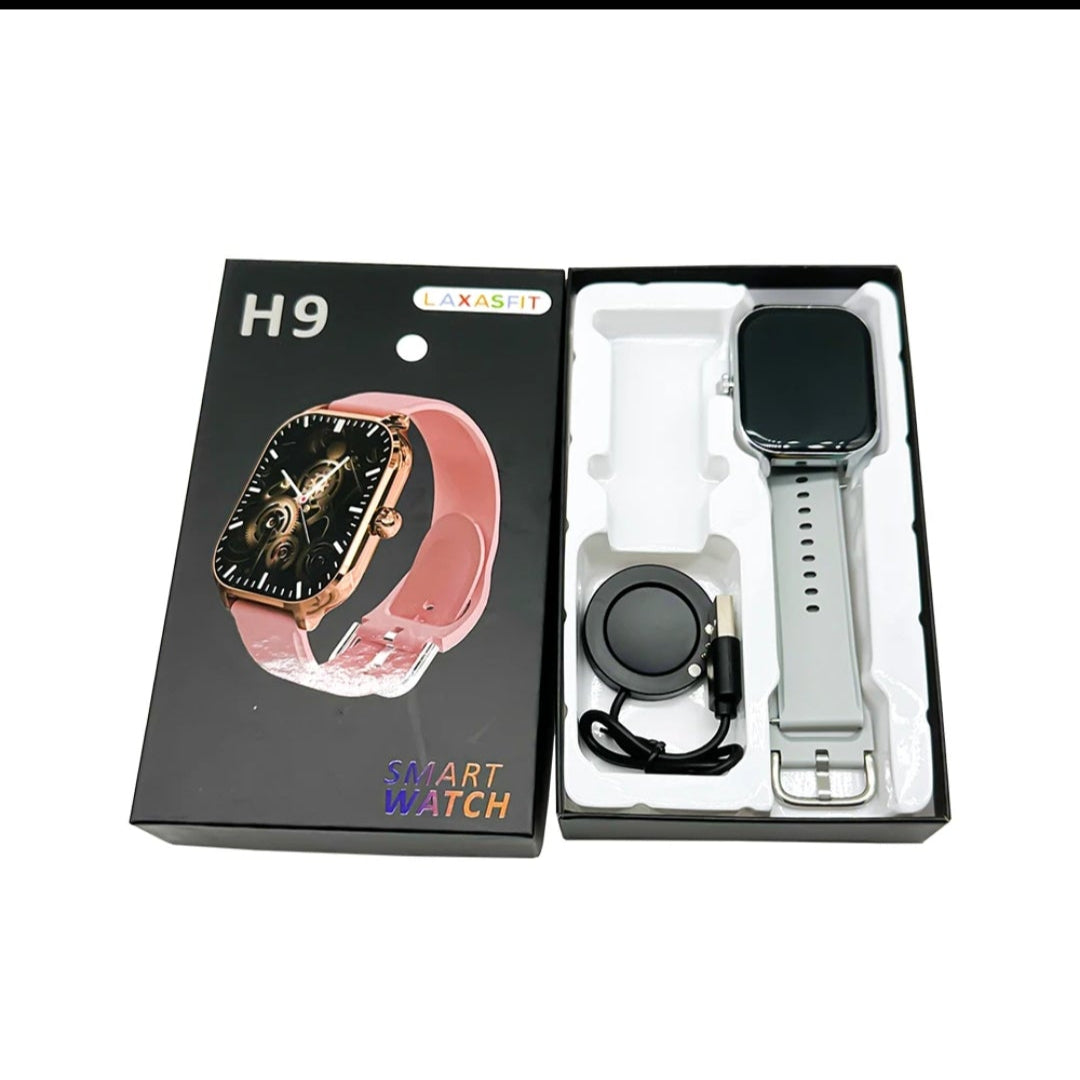 Smartwatch in packaging with 'H9' branding on a smartphone screen.
