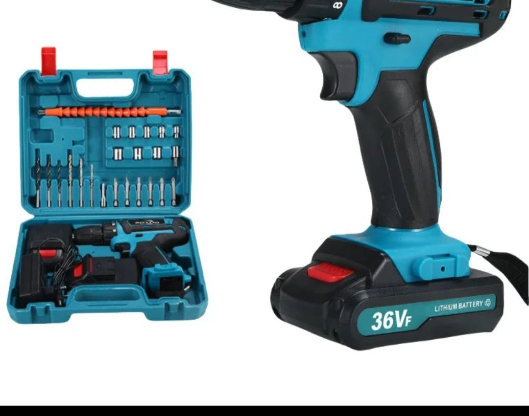 Blue cordless drill with accessories on a black background