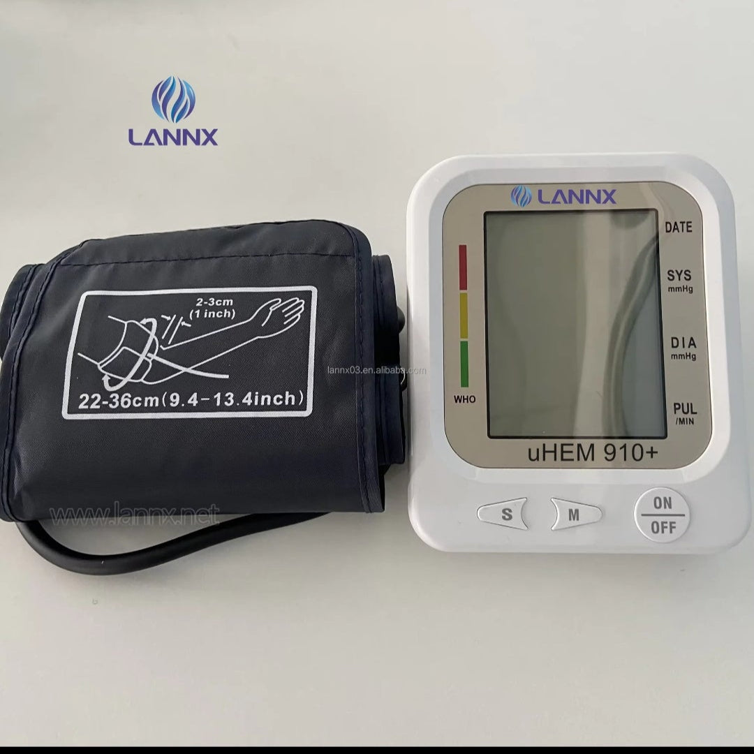 Lanix blood pressure monitor on a white surface with branding visible.